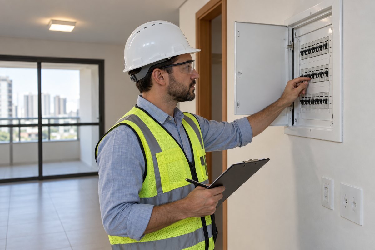 Engenheiro conferindo quadro de distribuição e identificação de circuitos em apartamento novo
