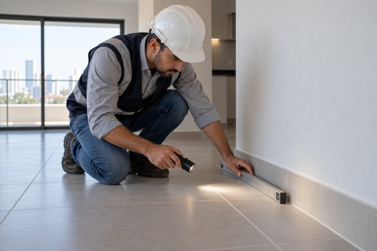 Engenheiro inspecionando piso cerâmico, rejunte e rodapé em apartamento novo