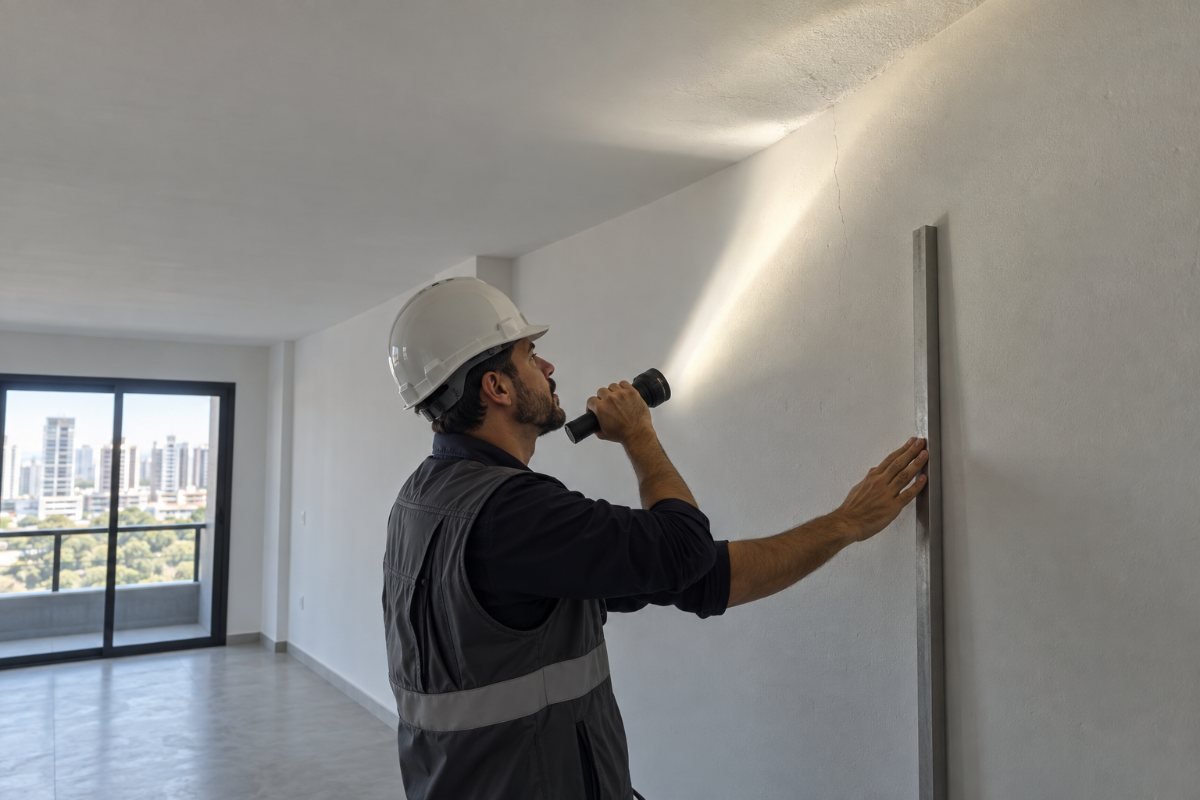 Engenheiro usando luz rasante para inspecionar parede e teto em apartamento novo