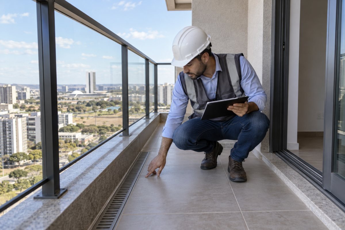 Engenheiro inspecionando guarda-corpo, piso e ralo de varanda de apartamento